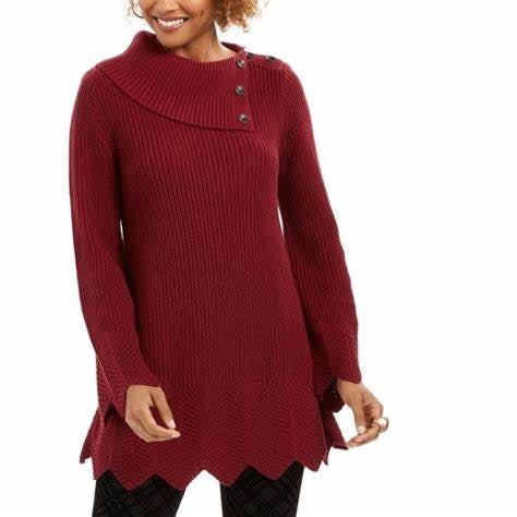 Style & Co Women's Petite Envelope-Neck Scalloped-Edge Sweater Wine Size  PP