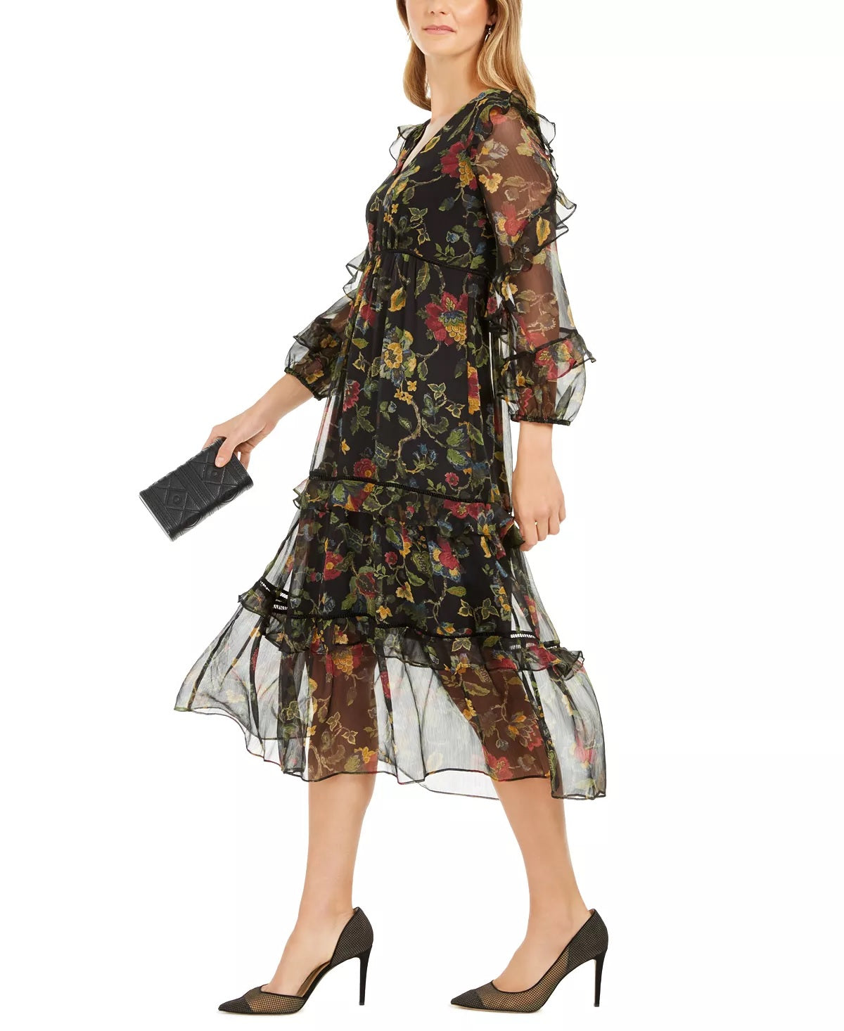 Taylor Women's Floral-Print Chiffon Midi Dress Black Size 6