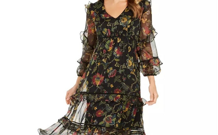 Taylor Women's Floral-Print Chiffon Midi Dress Black Size 6
