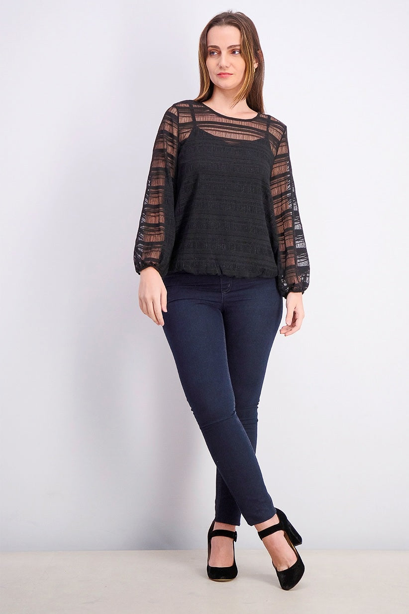 Alfani Women's Petite Sheer-Stripe Balloon-Sleeve Top Black Size PL