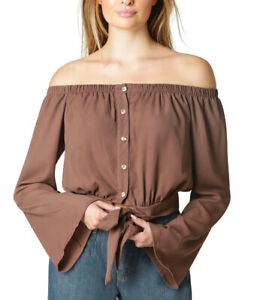 Style & Co Women's Off-The-Shoulder Bell-Sleeve Top Brown Size X-Large