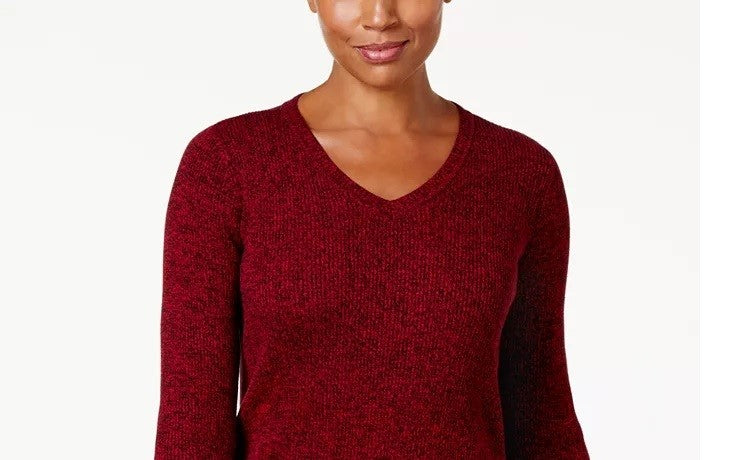 Karen Scott Women's Petite Cotton Ribbed Marled Sweater Brown Size Petite Small