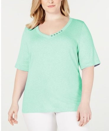 Karen Scott Women's Button-Detail V-Neck Top Aqua Water Size Medium