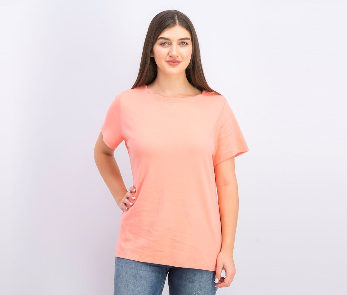 Karen Scott Women's Cotton Scalloped-Neck T-Shirt Pink  Size X-Large