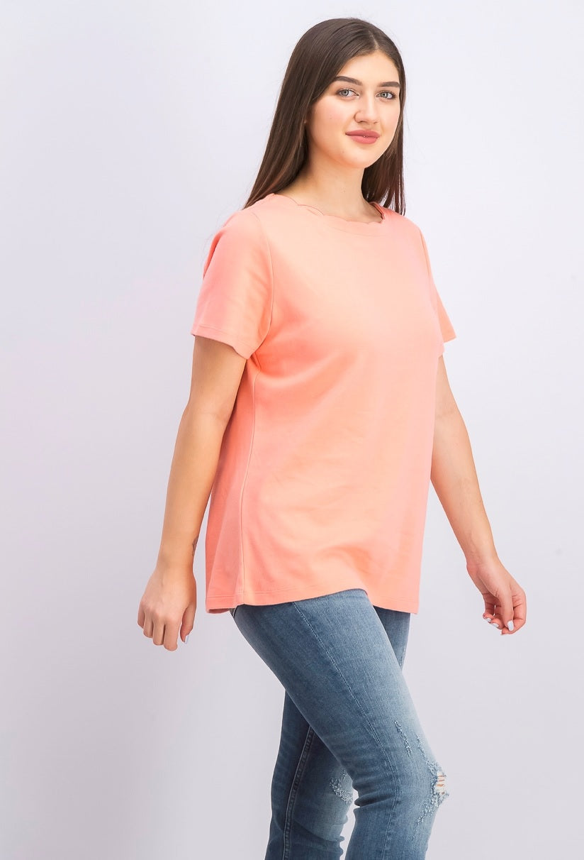 Karen Scott Women's Cotton Scalloped-Neck T-Shirt Pink  Size X-Large