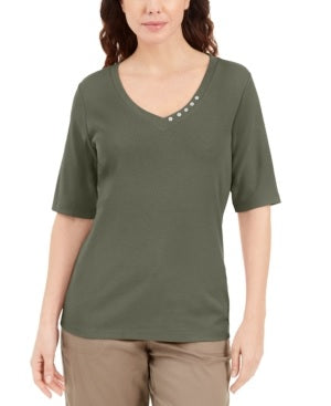 Karen Scott Women's Button-Detail V-Neck Top Green Size Medium