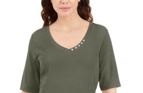 Karen Scott Women's Button-Detail V-Neck Top Green Size Medium