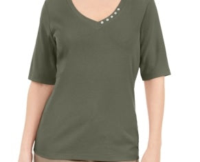 Karen Scott Women's Button-Detail V-Neck Top Green Size Medium