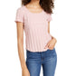 Pink Rose Junior's Rib Knit Lettuce Edged T-Shirt -Pink Size Small