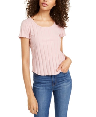 Pink Rose Junior's Rib Knit Lettuce Edged T-Shirt -Pink Size Small