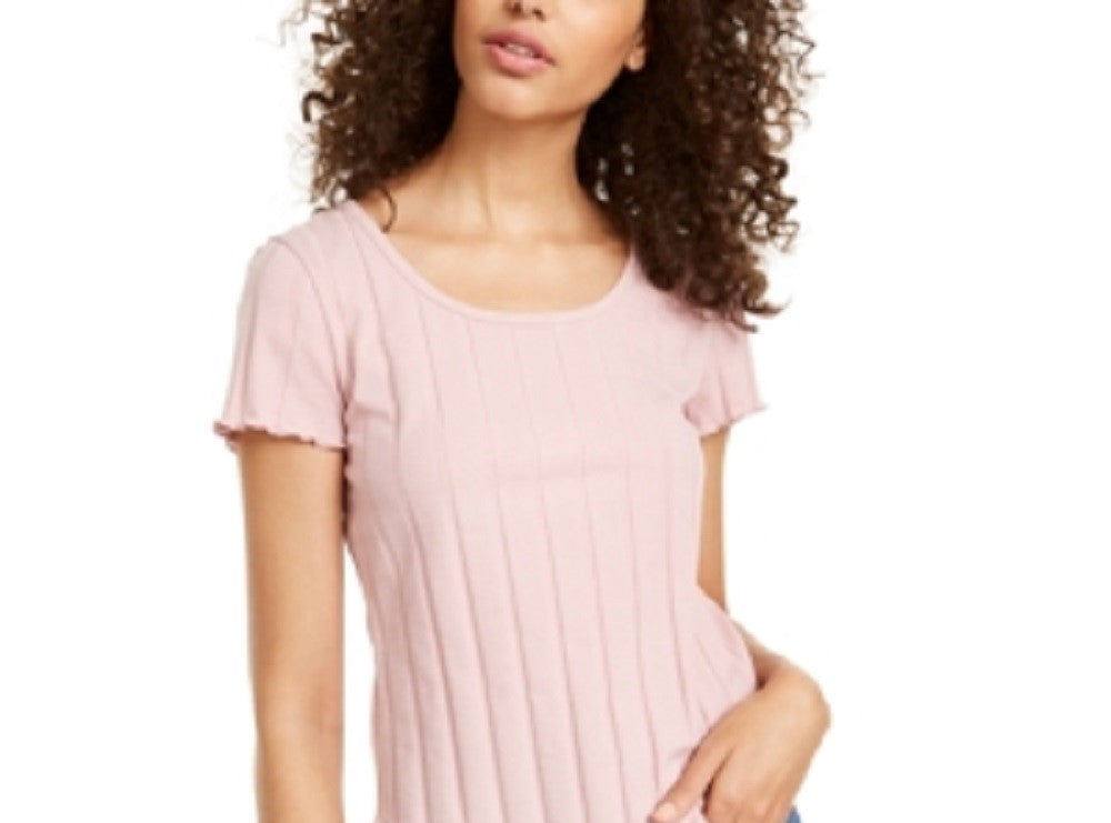 Pink Rose Junior's Rib Knit Lettuce Edged T-Shirt -Pink Size Small
