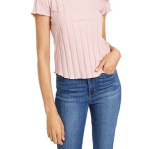 Pink Rose Junior's Rib Knit Lettuce Edged T-Shirt -Pink Size Small