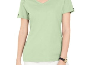 Karen Scott Women's Eyelet-Shoulder V-Neck Top Green Size X-Small