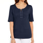 Karen Scott Women's Cotton Lace-Up Elbow-Sleeve Top Blue Size Small