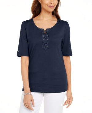 Karen Scott Women's Cotton Lace-Up Elbow-Sleeve Top Blue Size Small