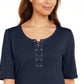 Karen Scott Women's Cotton Lace-Up Elbow-Sleeve Top Blue Size Small