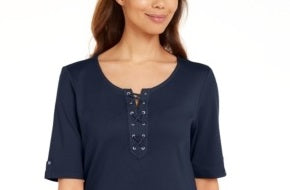 Karen Scott Women's Cotton Lace-Up Elbow-Sleeve Top Blue Size Small