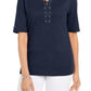 Karen Scott Women's Cotton Lace-Up Elbow-Sleeve Top Blue Size Small