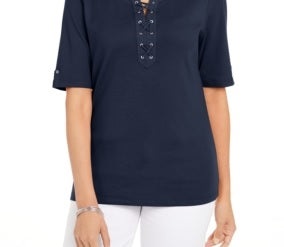 Karen Scott Women's Cotton Lace-Up Elbow-Sleeve Top Blue Size Small