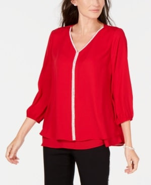 JM Collection Women's Jeweled Tiered-Hem Blouse Red Size Medium