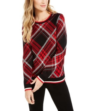 Charter Club Women's Plaid Crewneck Sweater Black/Red Size X-Small