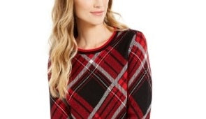 Charter Club Women's Plaid Crewneck Sweater Black/Red Size X-Small