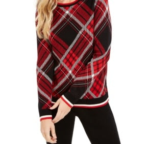 Charter Club Women's Plaid Crewneck Sweater Black/Red Size X-Small