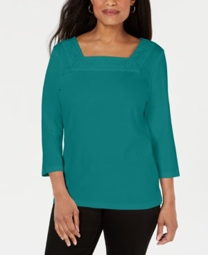 Karen Scott Women's Crochet Square-Neck Top Green Size X-Small