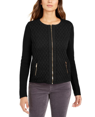 Charter Club Women's Petite Zip-Front Quilted Sweater Black Size PL