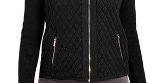 Charter Club Women's Petite Zip-Front Quilted Sweater Black Size PL