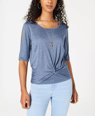 BCX Juniors' Twist-Front Necklace Top Blue Size Small