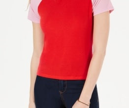 Hippie Rose Juniors' Colorblocked Rib Knit Baseball T-Shirt Red/Pink Size Large