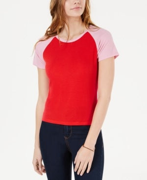 Hippie Rose Juniors' Colorblocked Rib Knit Baseball T-Shirt Red/Pink Size Large