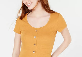 Hippie Rose Juniors' Button-Front Rib-Knit T-Shirt Gold Size Medium