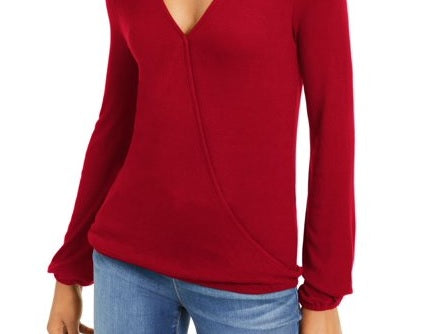INC International Concepts Women's Long Sleeve V Neck Top Red Size Small