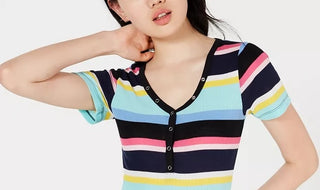 Planet Gold Juniors Striped V-Neck Top Black Size Medium