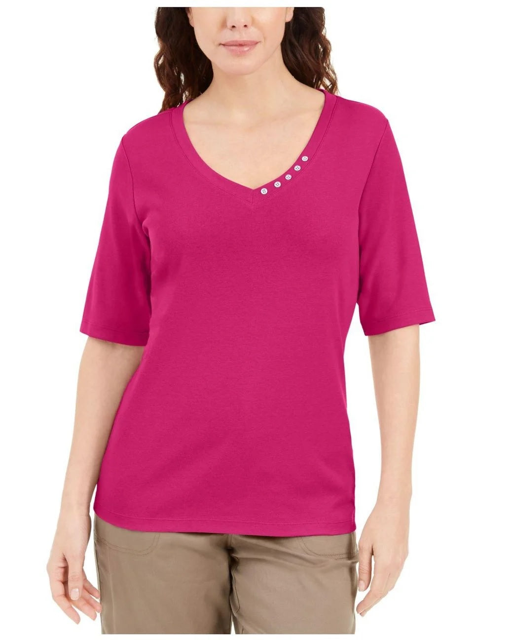 Karen Scott Women's Button-Detail V-Neck Top Pink Size Medium