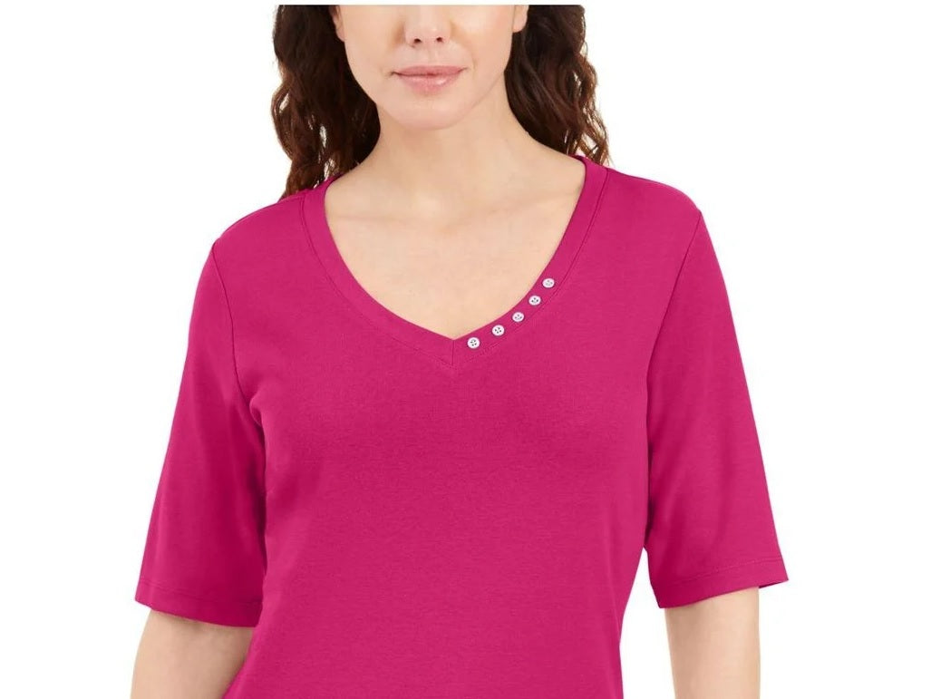 Karen Scott Women's Button-Detail V-Neck Top Pink Size Medium