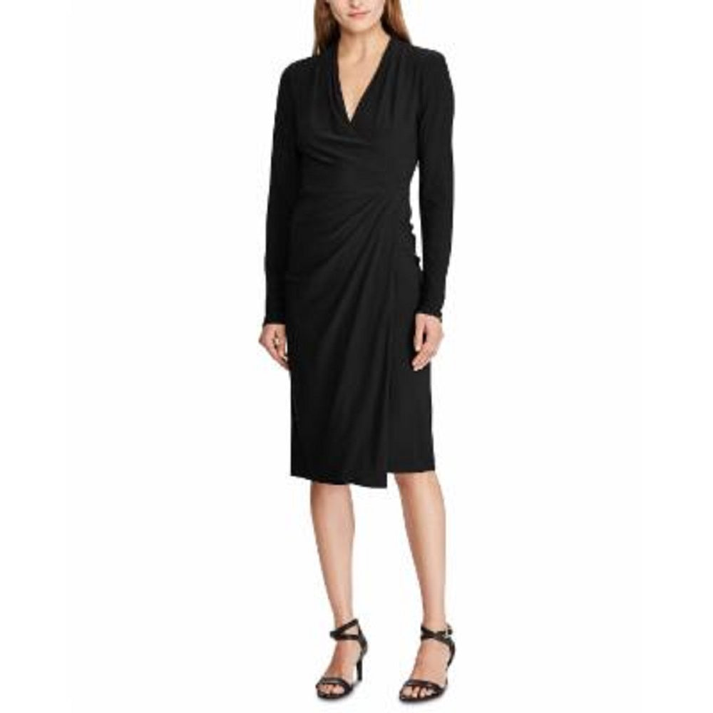 Ralph Lauren Women's Long Sleeve V Neck Midi Sheath Wear To Work Dress Black Size 10