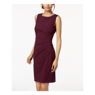 Calvin Klein Women's Ruched Sleeveless Jewel Neck Above The Knee Sheath Wear To Work Dress Burgundy  Size 8 Petite