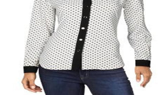Anne Klein Women's Polka Dot Contrast Trim Button Down Top White Size 4