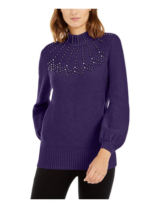 Alfani Women's Beaded Long Sleeve Mock Sweater Purple Size Small