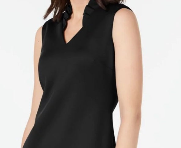 Calvin Klein Women's Ruffled Zippered Sleeveless V Neck Above The Knee Sheath Party Dress Black Size 12 Petite