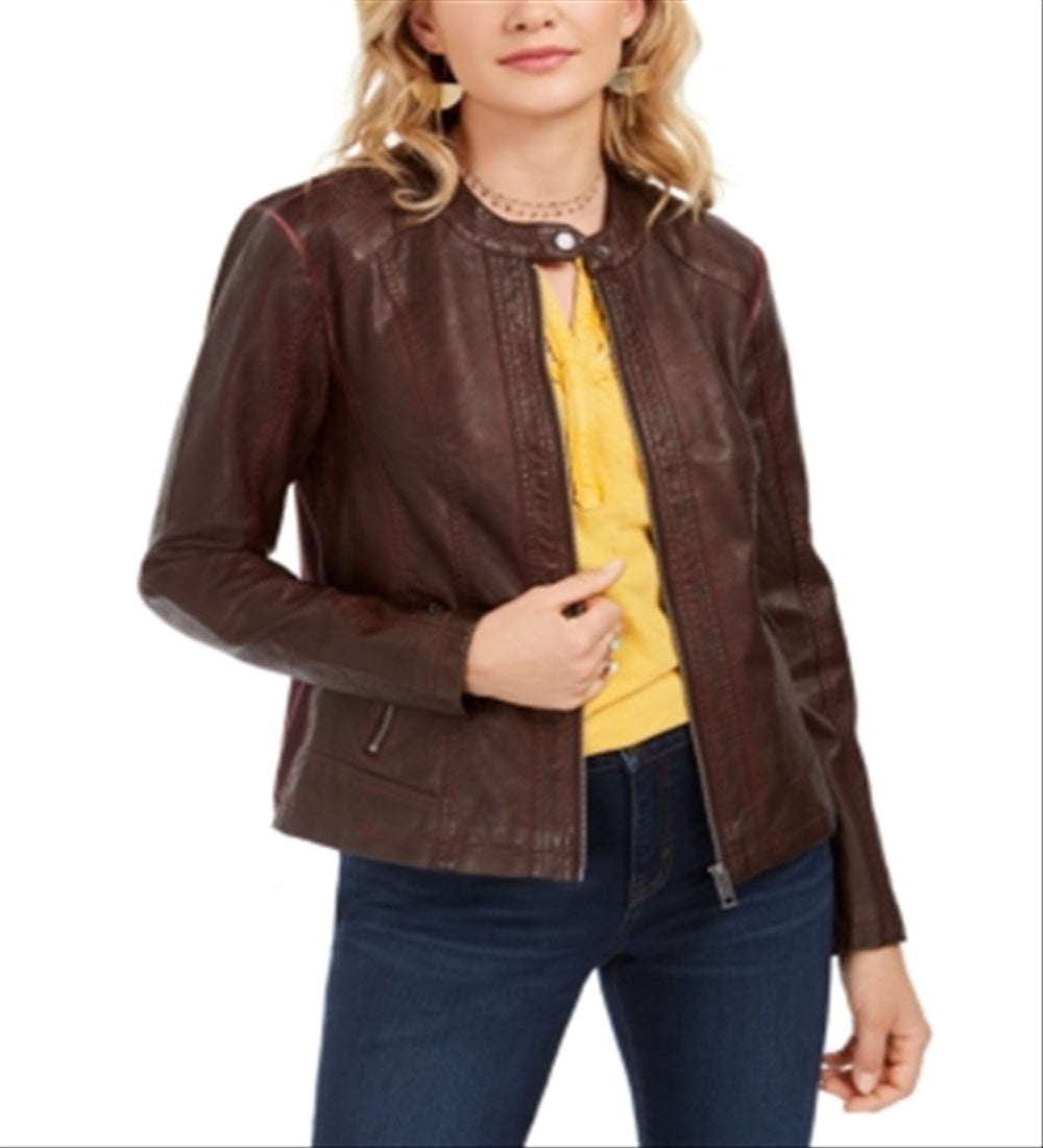 Style & Co Women's Perforated Garment Dyed Faux Leather Jacket Red Size Small