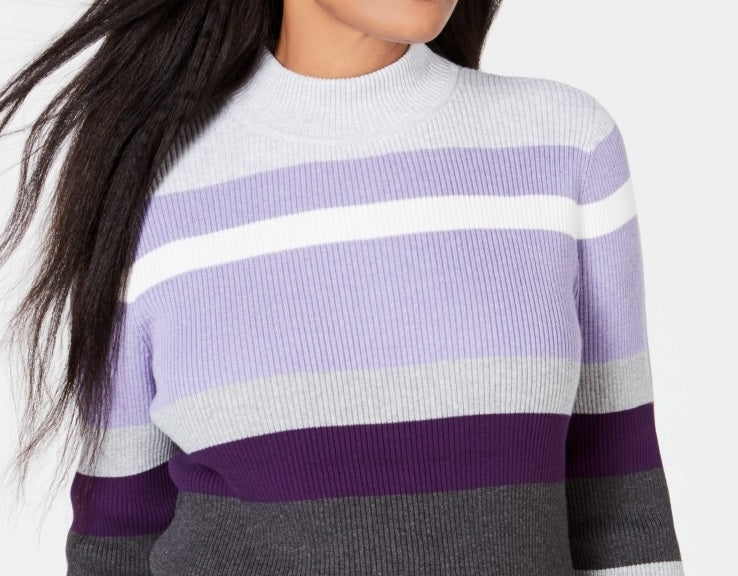 Karen Scott Women's Cotton Striped Ribbed Sweater Purple Size PS/M