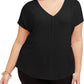 Bar III Women's Short Sleeve V Neck Top Black Size 2X