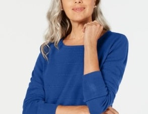 Karen Scott Women's Petite LuX-Smalloft Textured SweaterBlue  Size L