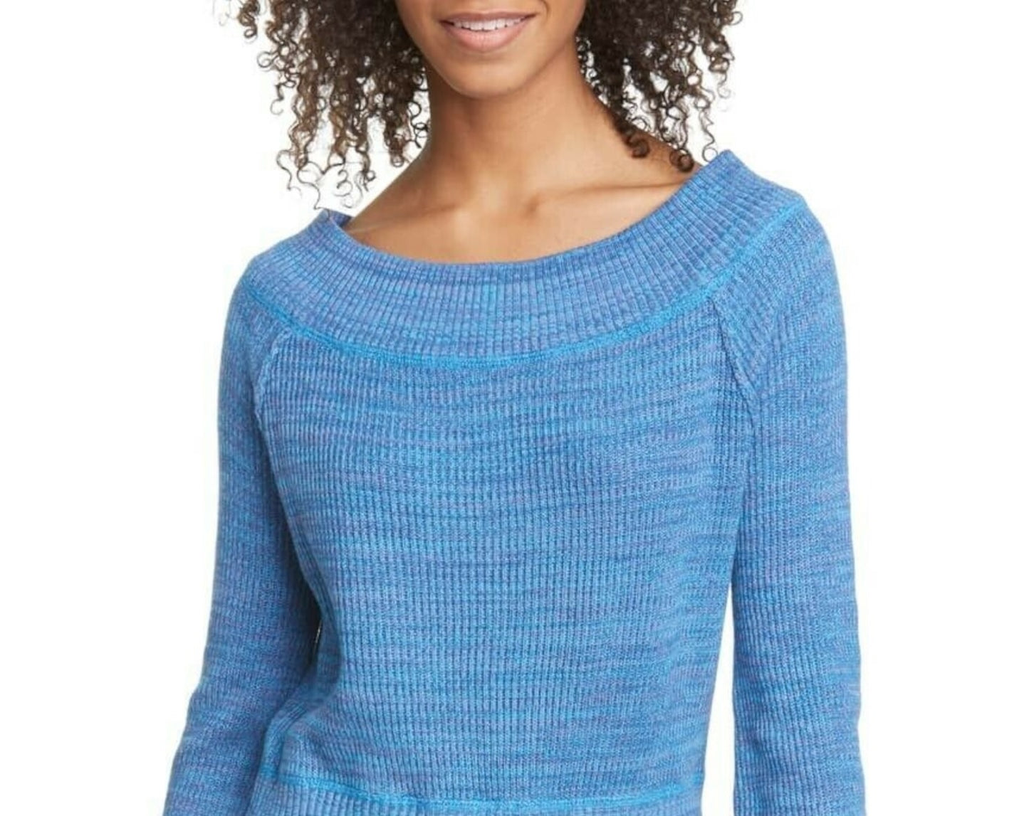 Free People Women's Printed Long Sleeve Jewel Neck Sweater Blue Size Small