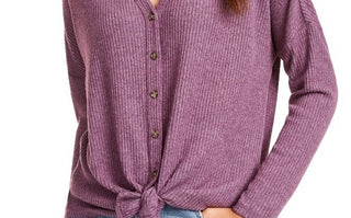 Ultra Flirt Junior's Waffle Knit Tie Front Top Purple Size X-Large