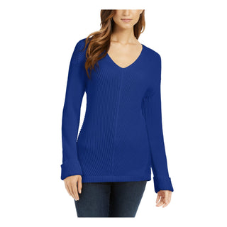 Charter Club Women's Textured Ribbed Long Sleeve V Neck Sweater Blue Size Petite Small